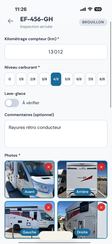 Saisie d'état descriptif sur mobile : photos avant/arrière/gauche/droite avec commentaires