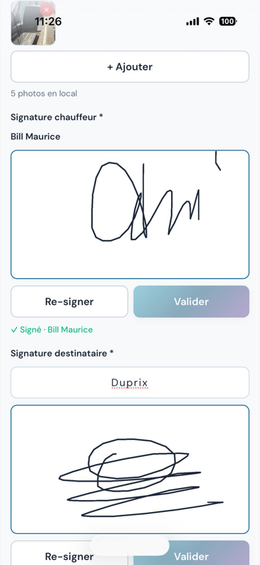 Écran de signature digitale chauffeur et destinataire